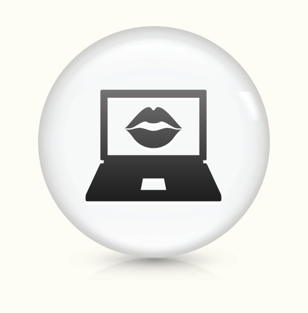 笔记本电脑屏幕和嘴唇图标上的白色圆形矢量按钮图片下载