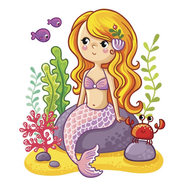 可爱的卡通美人鱼坐在石头上。图片下载