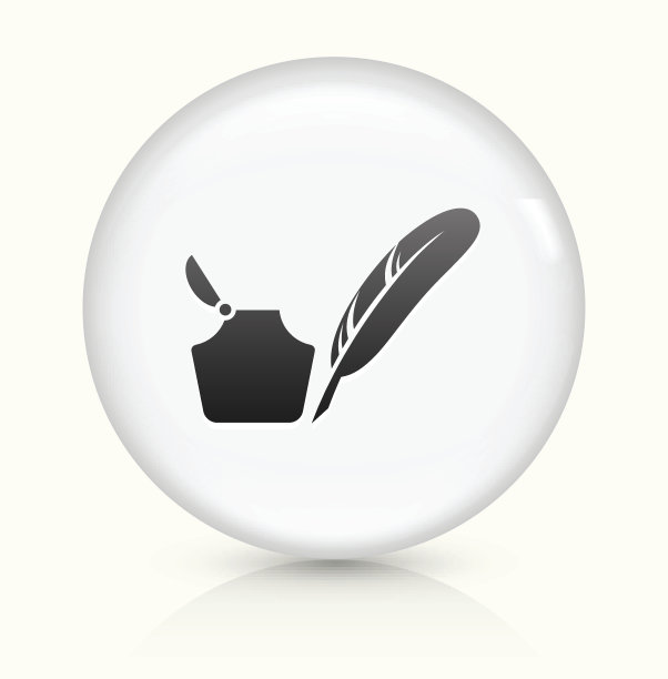 羽毛笔和墨水集图标上的白色圆形矢量按钮图片下载