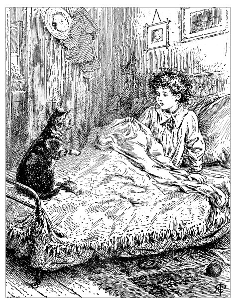 古董儿童书籍漫画插画：儿童床上的猫图片下载