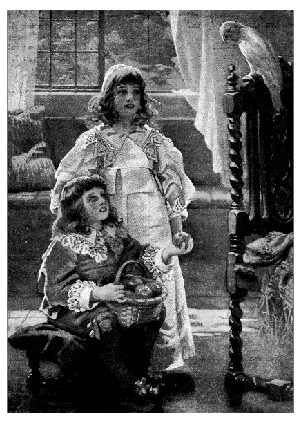 儿童古董漫画书插画：女孩给鹦鹉喂苹果图片下载