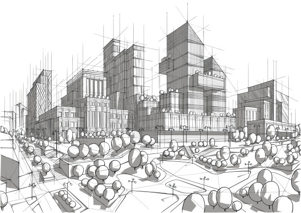 手绘黑白城市建筑图片下载