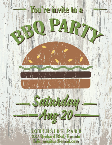 复古褪色的烧烤派对模板标志-木头背景图片下载