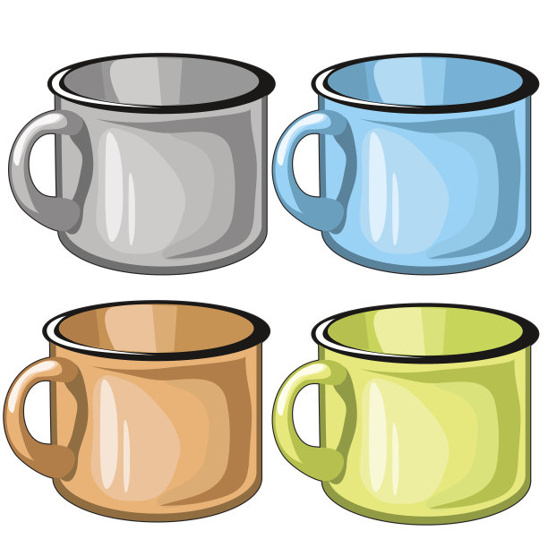 四个不同颜色的杯子，白色背景图片下载