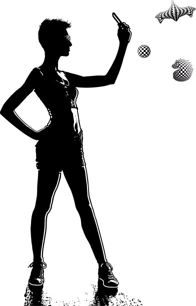 年轻女性手机游戏的黑白剪影图片下载