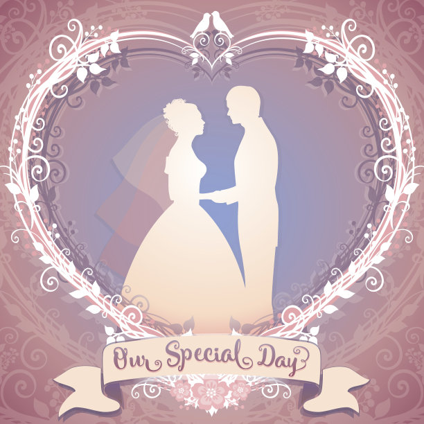 婚礼插图。新娘和新郎被镶在花心里图片下载