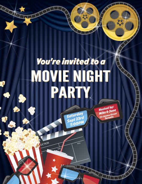 电影夜派对邀请模板与窗帘和电影图片下载