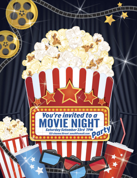 电影夜派对邀请模板与窗帘和电影图片下载