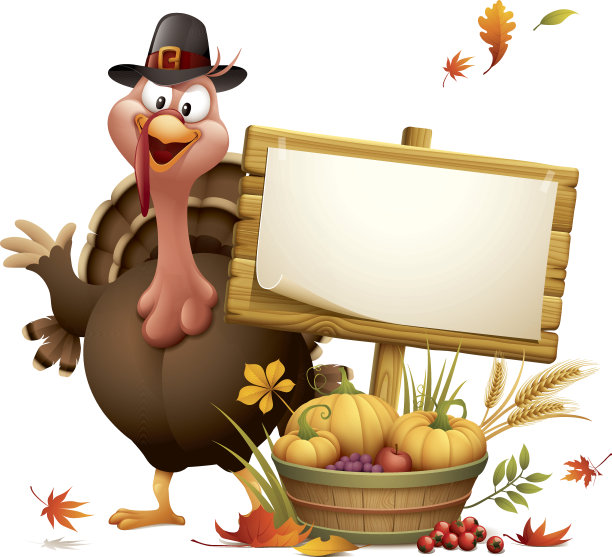 带着收获篮和木头标志的朝圣者火鸡图片下载