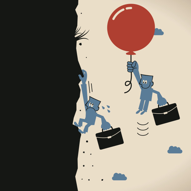 商人，气球漂浮在空中，爬上了山图片下载