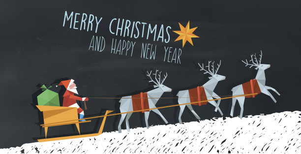 多边形折叠的圣诞老人和驯鹿雪橇在黑板上图片下载