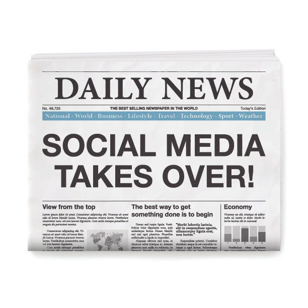 社交媒体接管了一切!标题。报纸孤立在白色背景上图片下载