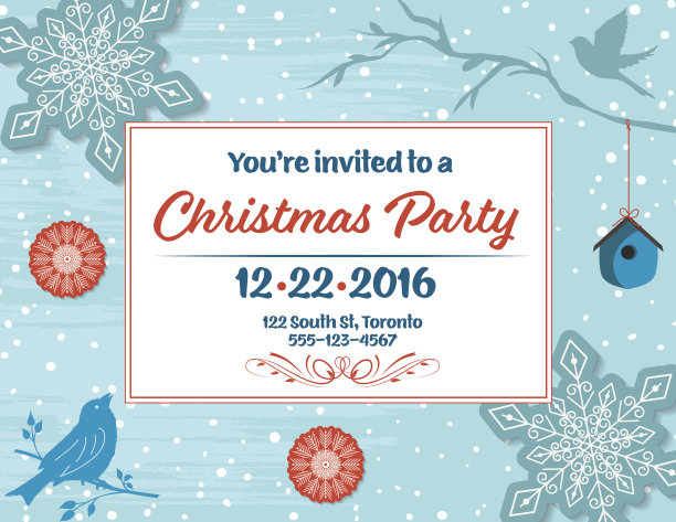 有雪花，鸟屋，鸟和树枝的圣诞派对邀请图片下载