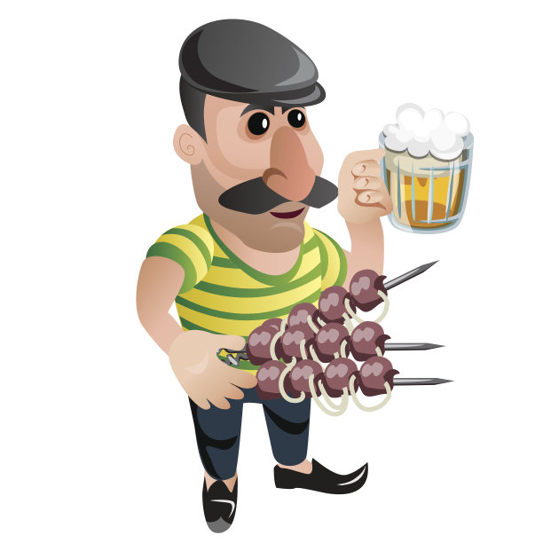 带着烤肉串和啤酒的男侍者。字符图片下载