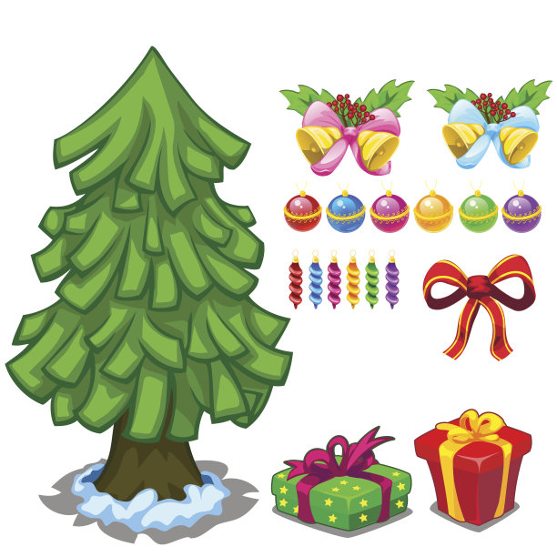 装饰圣诞树和玩具套装。向量图片下载