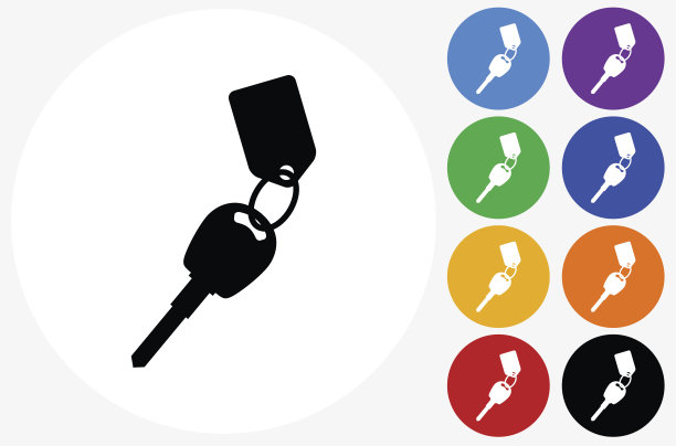 钥匙与钥匙链图标在平面颜色的圆形按钮素材图片