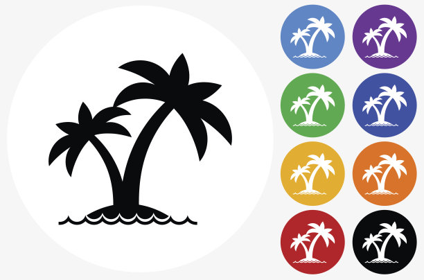 岛屿和棕榈图标上的平面颜色圆圈按钮图片下载