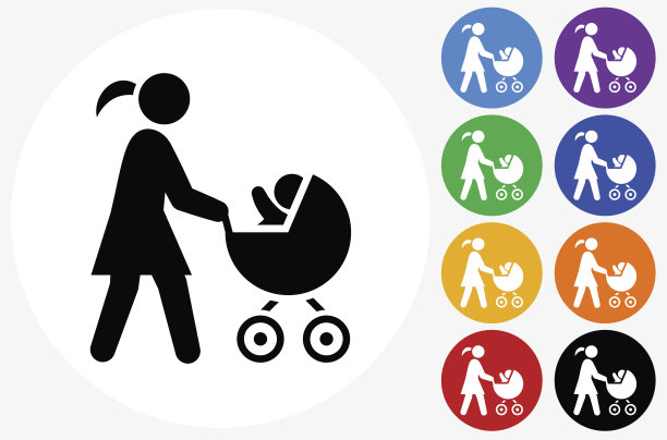 母亲和婴儿马车图标在平坦的颜色圆圈按钮图片下载