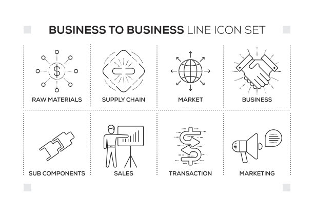 B2B企业对企业黑白线条图标关键词图片下载