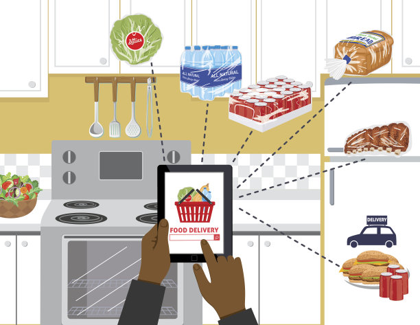 一名男子在平板电脑上订购食品杂货图片下载