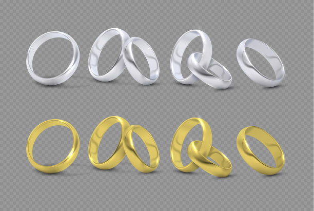 Vector奢华的金银婚戒，婚戒孤立在透明的方格背景上图片下载