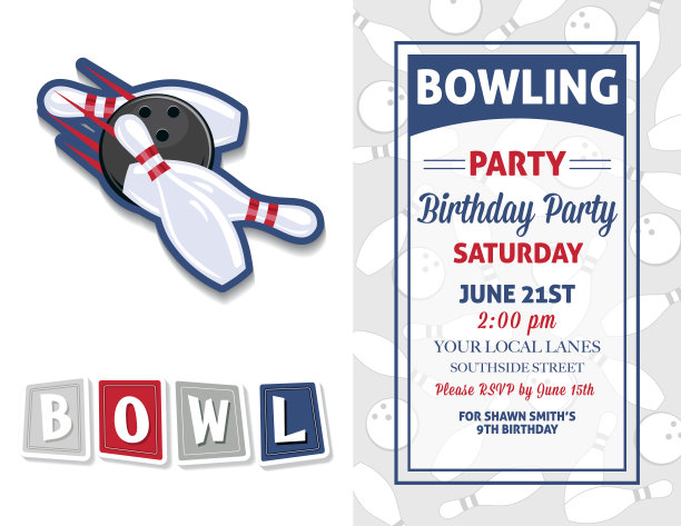 复古风格保龄球生日派对邀请模板图片下载