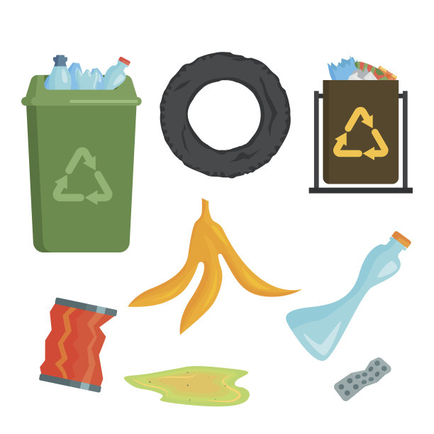 垃圾回收再利用要素、垃圾袋、轮胎管理行业利用废生态概念和可回收瓶子、处置箱矢量插图图片下载