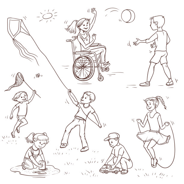 儿童素描插图矢量集。女孩在轮椅上主动跟男孩玩球类游戏，孩子捉蝴蝶网，放风筝。跳绳和玩沙盒图片下载