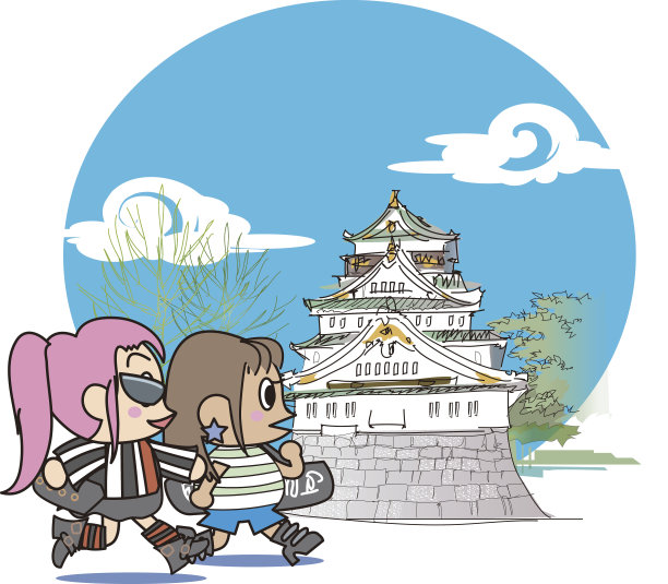 两个女人在大阪城堡里散步图片下载