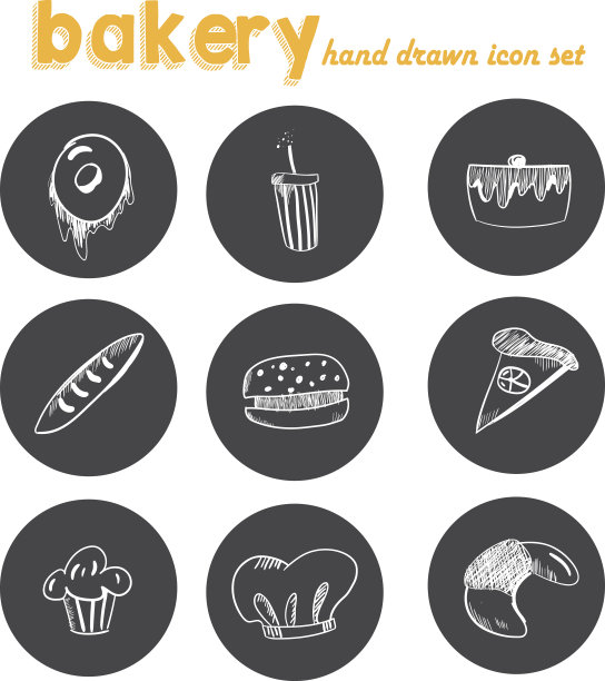 手绘面包房图标集。有粉笔设计的贴纸。矢量插图。图片下载