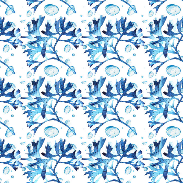 无缝模式的蓝色珊瑚水彩插图。手绘设计草图。水下水彩背景插图。图片下载
