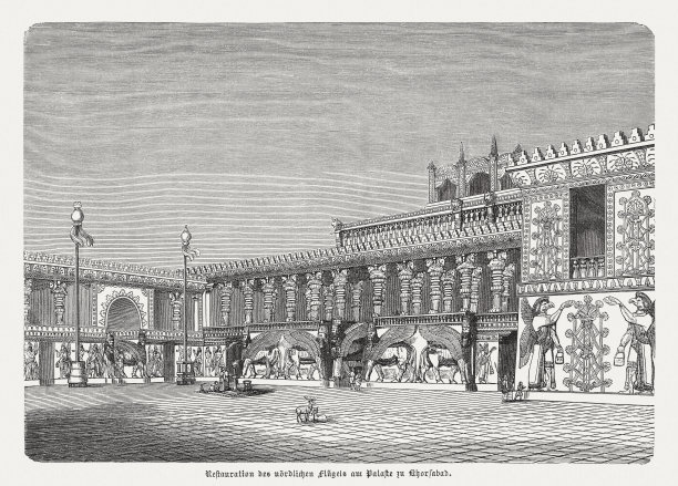 杜尔-沙鲁金皇家宫殿（亚述，伊拉克），1880年出版的木刻版画图片下载