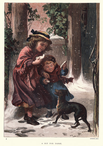 1870年，维多利亚时代的孩子们给他们的宠物狗喂食图片下载