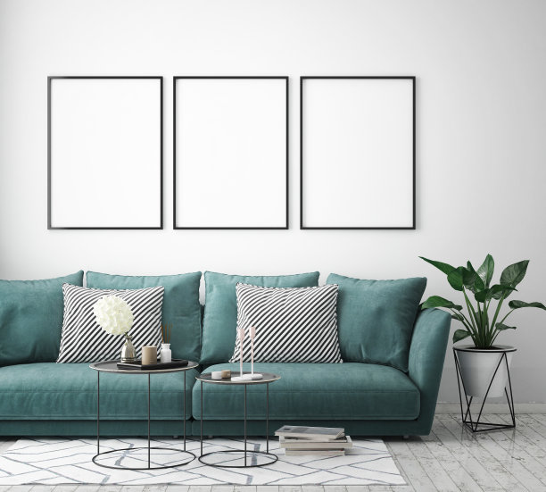 模拟海报框架在时髦的室内背景，斯堪的纳维亚风格，3D渲染图片下载