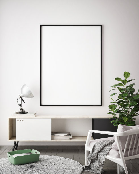模拟海报框架在时髦的室内背景，斯堪的纳维亚风格，3D渲染图片下载