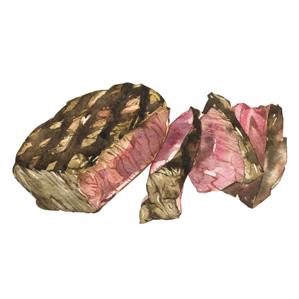 牛肉。水彩肋眼牛排。手绘插图。孤立在白色背景上。图片下载