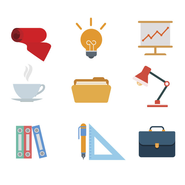 平面风格的现代办公工具web应用程序概念图标集。领带点子，台灯，白板，报告，图表，图形，杯子，茶，咖啡文件夹，公文包，钢笔，三角形，直尺。网站图标集合。图片下载