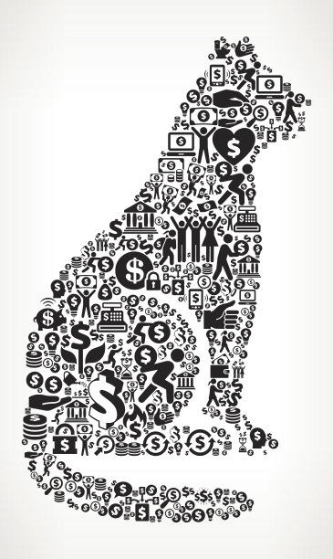 猫坐着金钱和金融黑白图标背景图片下载