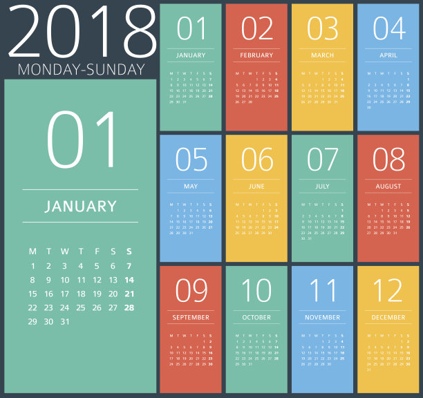 日历2018 -平坦现代多彩的图片下载