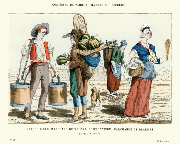 18世纪运水工，梅隆商人，糕点商素材图片