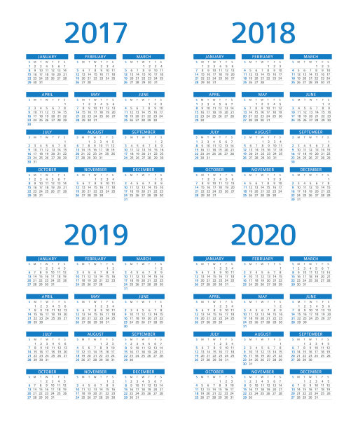 日历2017年2018年2019年2020年:周日-周一图片下载