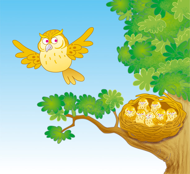 猫头鹰和可爱的猫头鹰在巢- jpg插图图片下载