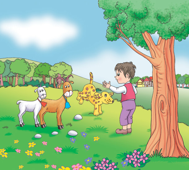 牧童在草地上与一些农场动物- jpg插图图片下载