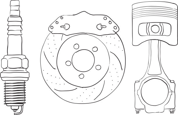 制动盘，活塞和火花塞。草图。图片下载