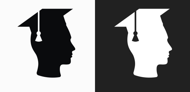 毕业脸和帽子图标上的黑色和白色矢量背景图片下载