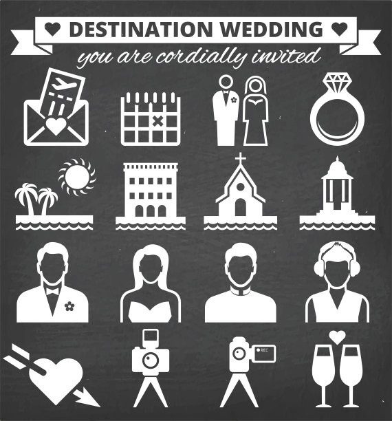 目的地婚礼矢量图标设置在黑色黑板上图片下载