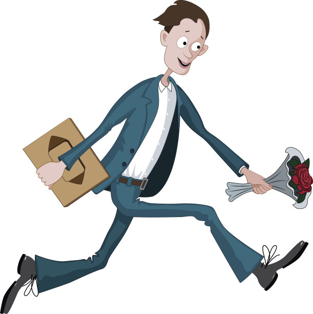 卡通人物匆忙地跑着，手里拿着一盒巧克力和一束鲜花。图片下载