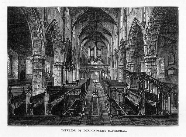 伦敦德里大教堂，伦敦德里，德里，多尼戈尔，北爱尔兰，维多利亚版画，1840年图片下载