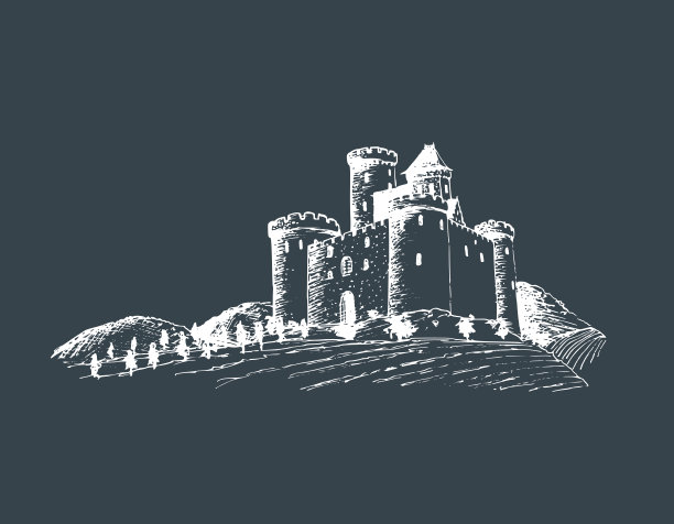 向量旧城堡插图。哥特式城堡。山野之间有塔的手绘风景画。图片下载