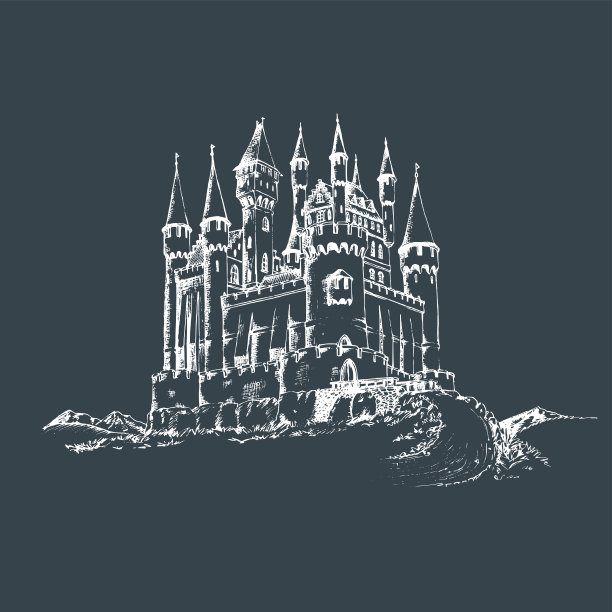 向量旧城堡插图。哥特式城堡背景。山中古塔景观手绘写生素材图片